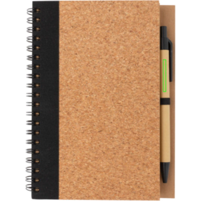 Spiralbunden anteckningsbok i kork, med penna