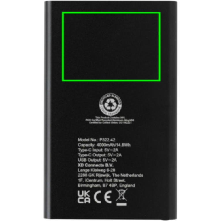 4.000mAh powerbank, type C, RCS återvunnen plast/aluminium