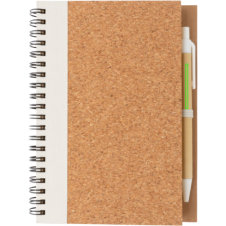 Spiralbunden anteckningsbok i kork, med penna
