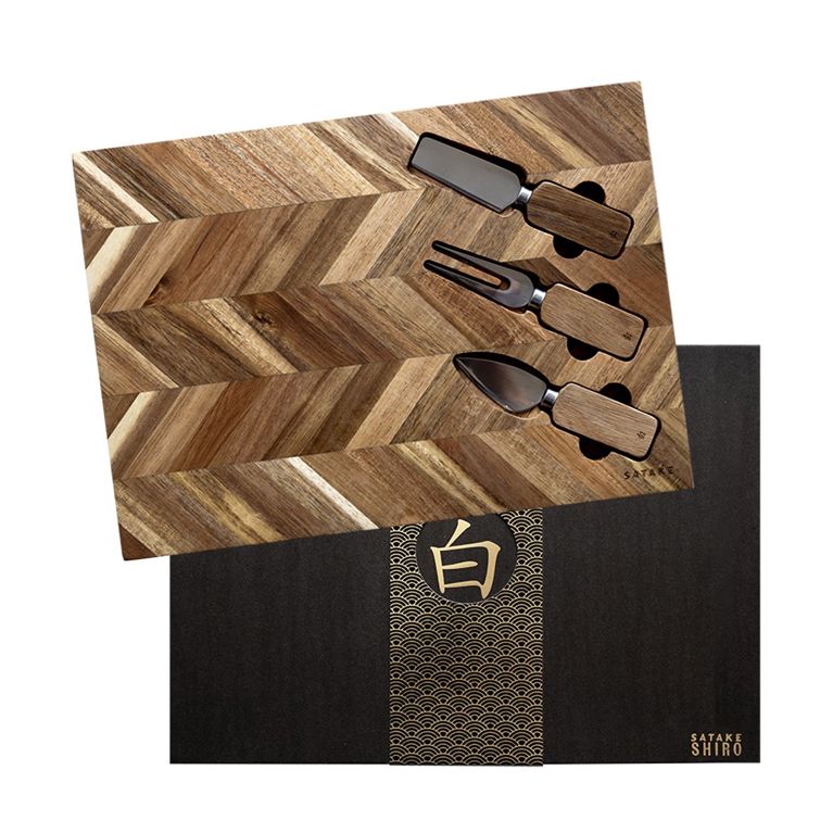 Shiro Ostset Skärbräda med 3 knivar Akacia