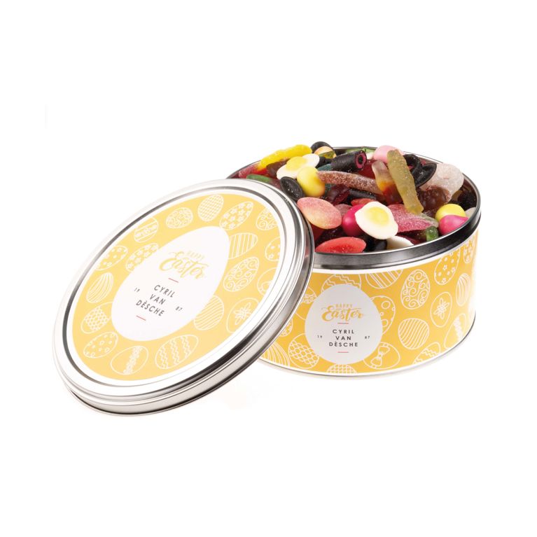 Burk med banderoll och dekal - 1,2 kg Lösgodis