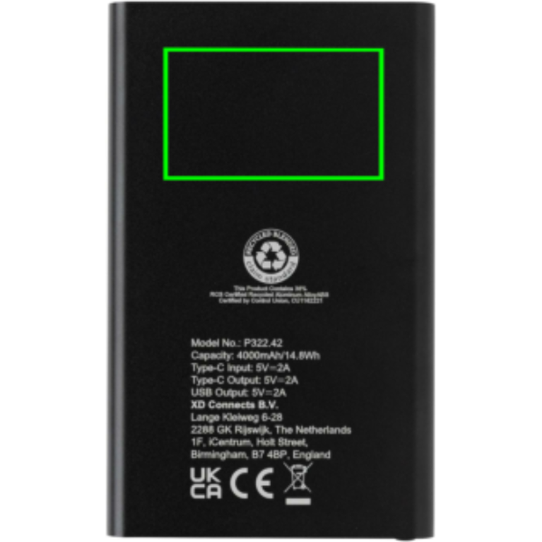 4.000mAh powerbank, type C, RCS återvunnen plast/aluminium