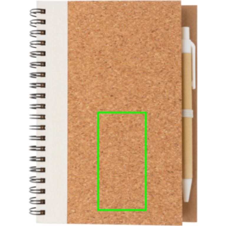 Spiralbunden anteckningsbok i kork, med penna